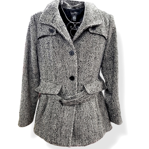 Nicole Miller New York Jackets & Blazers - Nicole Miller Coat Womens Sz L Black Tan Herringbone Classic Chic Casual Winter